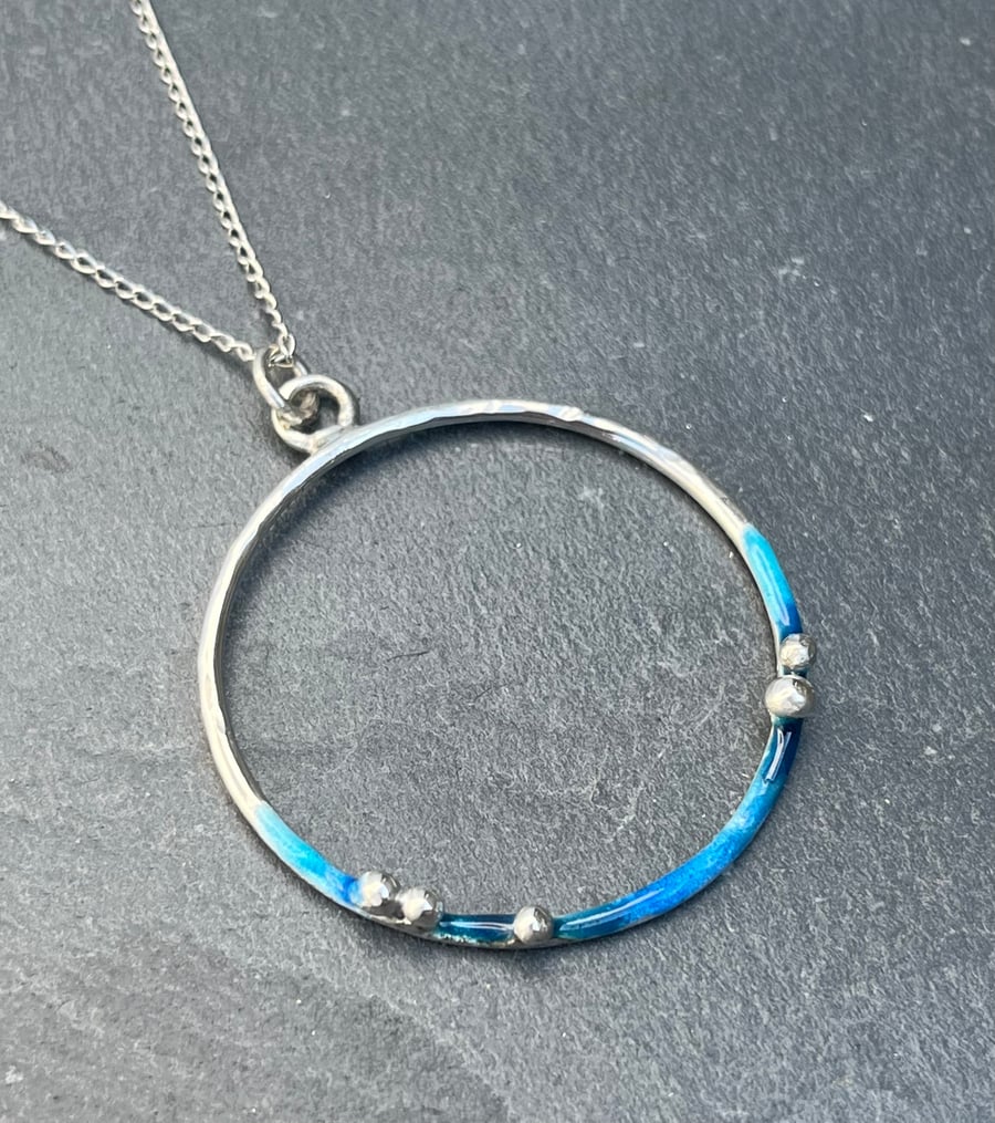 Enamel Circle Pendant,  Coastline Hoop Pendant, silver circle pendant,  