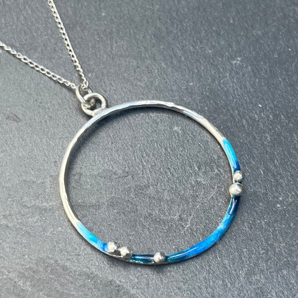 Enamel Circle Pendant,  Coastline Hoop Pendant, silver circle pendant,  