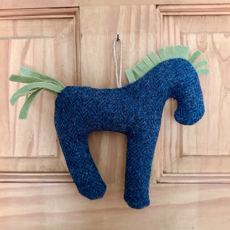  Horse Shaped Hanging Ornament in Blue Grey Herringbone Vintage Welsh Tweed