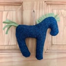  Horse Shaped Hanging Ornament in Blue Grey Herringbone Vintage Welsh Tweed