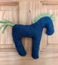 Horse Shaped Hanging Ornament in Blue Grey Herringbone Vintage Welsh Tweed