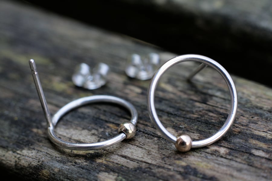 Sterling Silver Circle Earrings with Gold Bead, Silver and Gold Stud Earrings