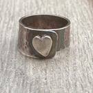  silver wide  ring with heart & patina finish - handmade - heavy  - chunky