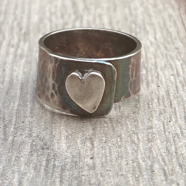  silver wide  ring with heart & patina finish - handmade - heavy  - chunky