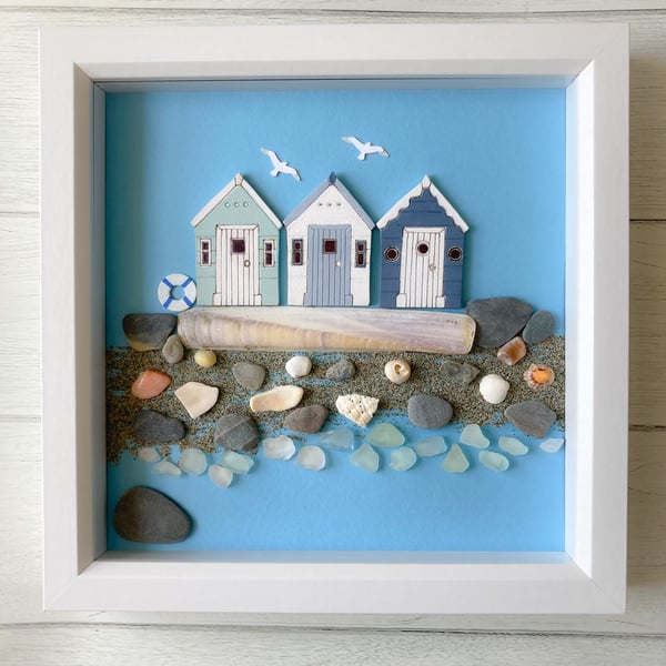 Beach hut framed art handmade with Cornish beach finds 