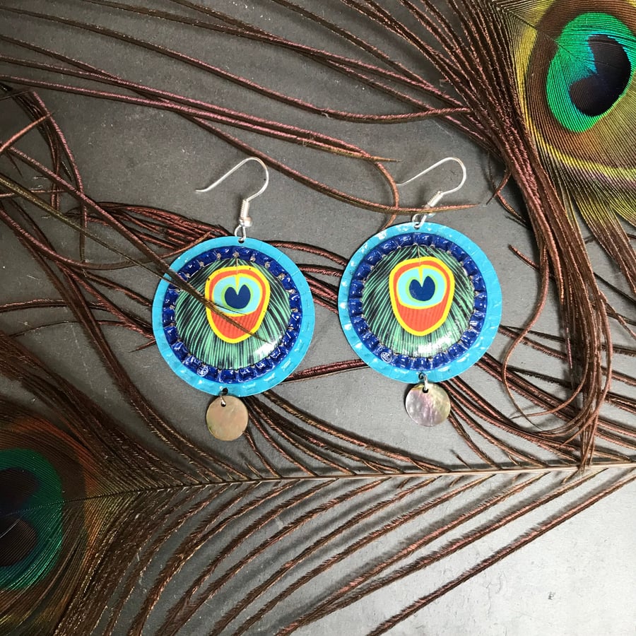 Peacock feathers handmade eco earrings sustainable gift for her 