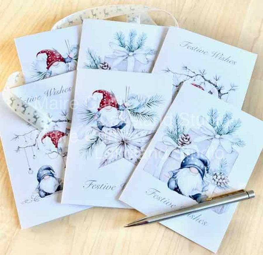 Hand Crafted Christmas Gnome Cards A6, Pack of 6 with envelopes