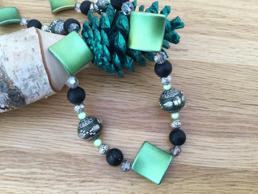 Chunky Green and Black Indonesian Style Bead Necklace