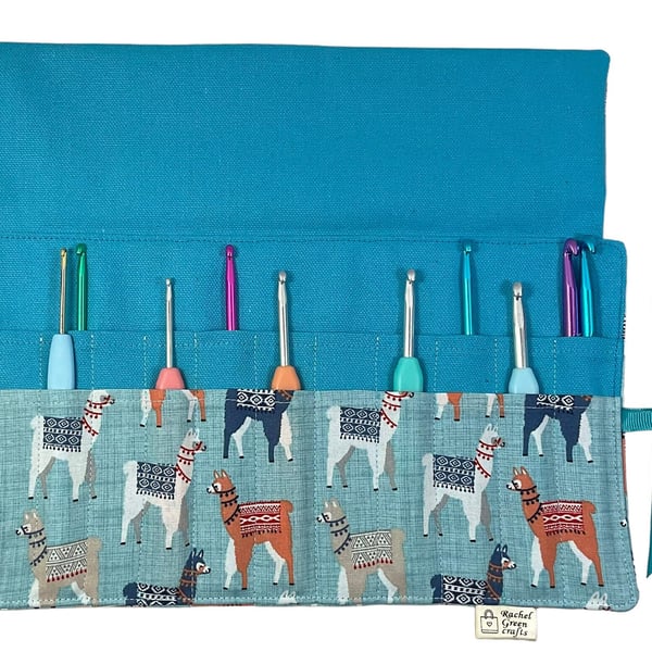 Crochet hook case with llamas, Ergonomic hook organiser, roll up short Dpn case,