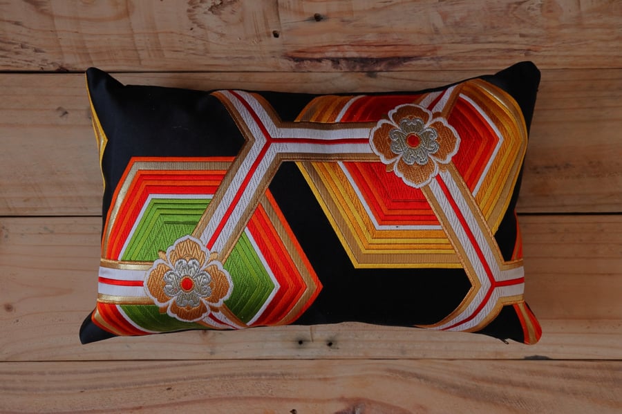 Silk Brocade Cushion Japanese Kimono Obi Fortune Hexagon