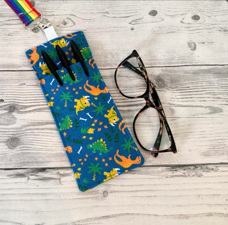 Blue Dinosaurs Fabric. Double Sided Glasses and Pen Holder for Lanyards.