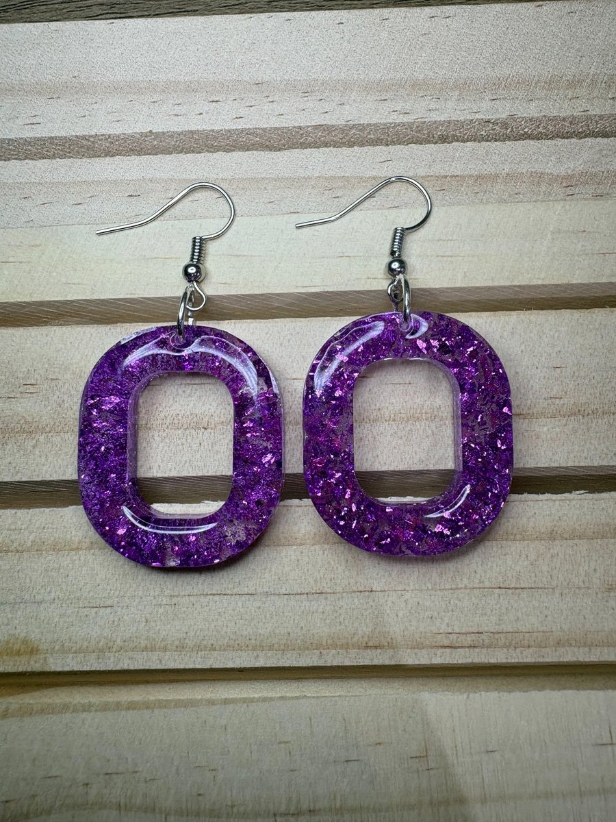 Handmade Purple Glitter Resin Dangle Earrings Sparkly Statement Jewellery