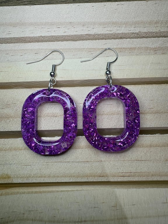 Handmade Purple Glitter Resin Dangle Earrings Sparkly Statement Jewellery