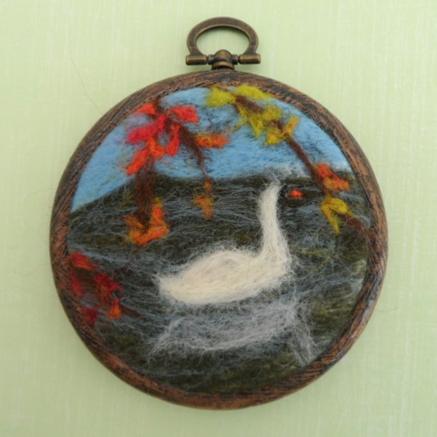 White Swan in Autumn, needle felted picture - REDUCED