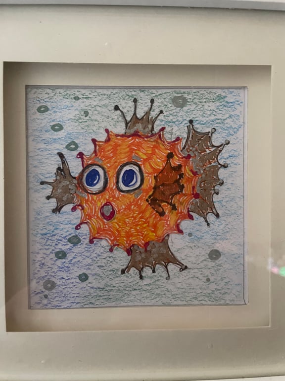 Framed Cartoon Puffer Fish Drawing