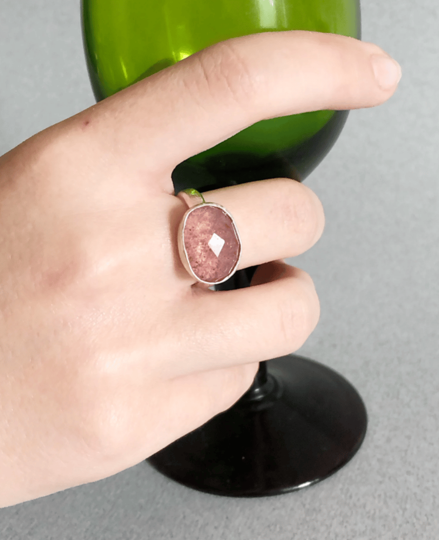 Statement Ring - Strawberry Quartz Ring - Pink Stone Ring - Silver Ring