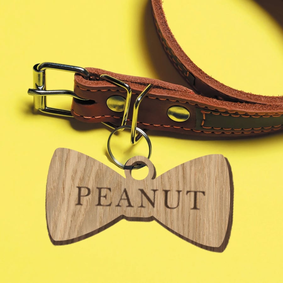 Bow Tie Pet Tag Personalised Name Dog Cat Collar Cute Wooden Bow