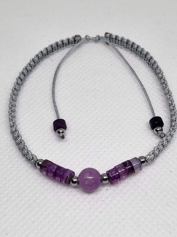 Purple Agate and Amethyst Bracelet Adjustable Silver Cord Natural Stone