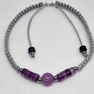 Purple Agate and Amethyst Bracelet Adjustable Silver Cord Natural Stone