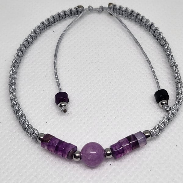 Purple Agate and Amethyst Bracelet Adjustable Silver Cord Natural Stone