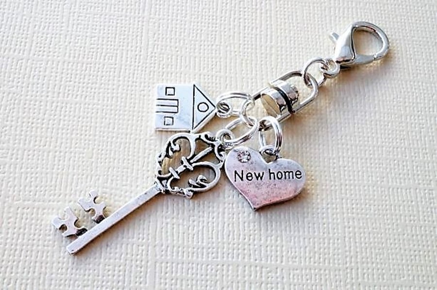 New home clip on charm with heart, key and house charms