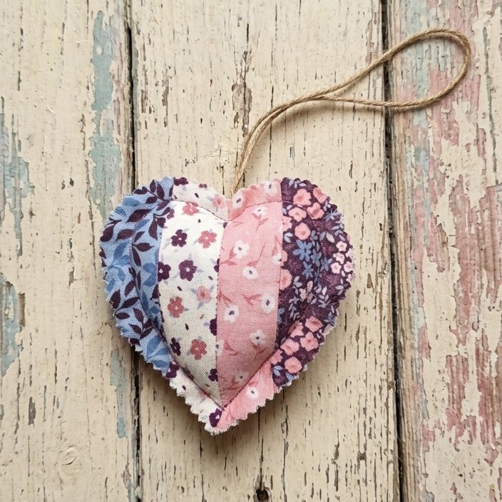Handmade Patchwork Fabric Hanging Heart - Shabby Chic Pink & Blue Floral