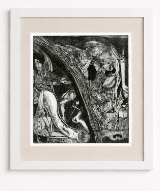 The Death of Leonardo (after Ingres). Etching on paper, signed & numbered