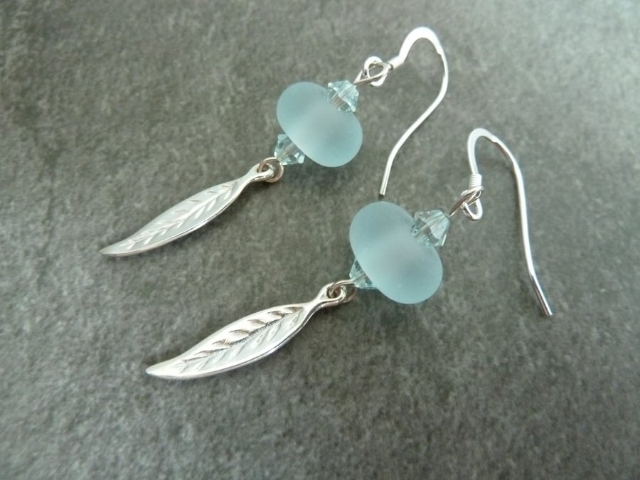 sterling silver leaves, blue glass earrings