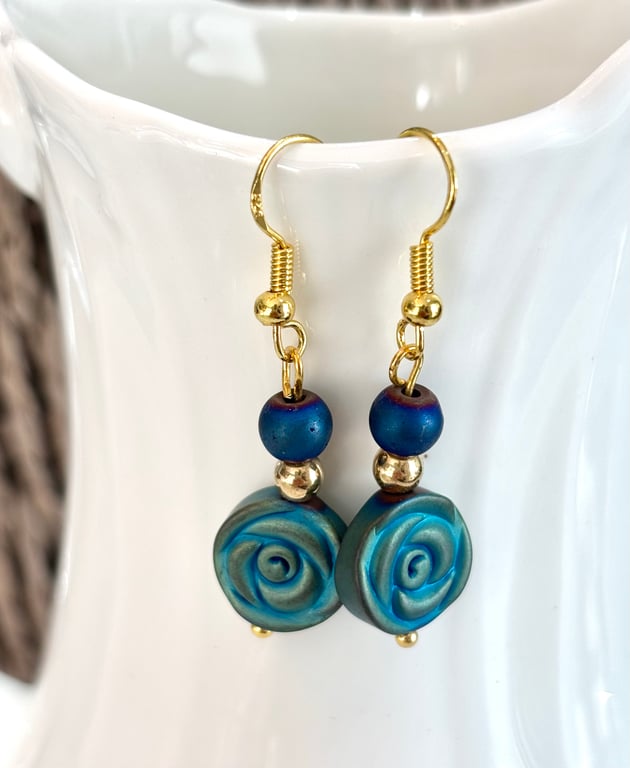 Blue Hematite Rose Dangle Earrings, one of a kind design,