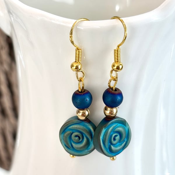  Blue Hematite Rose Dangle Earrings, one of a kind design,