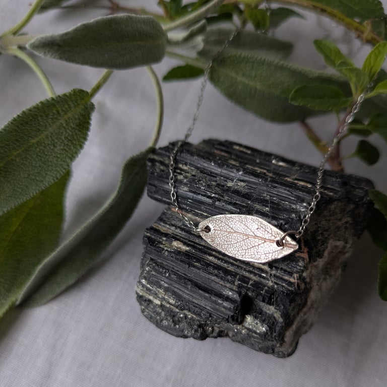 Silver sage leaf pendant with necklace