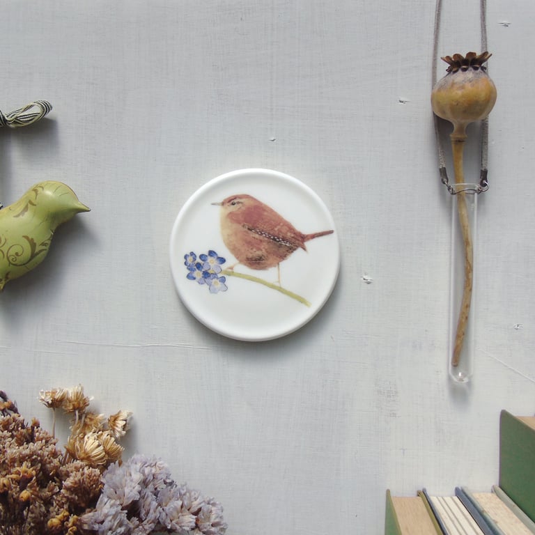 Wren and Forget me Not mini wall plate 