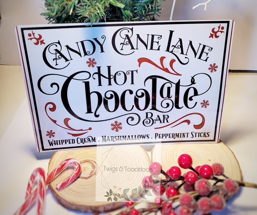 Candy cane lane metal hot chocolate station sign 