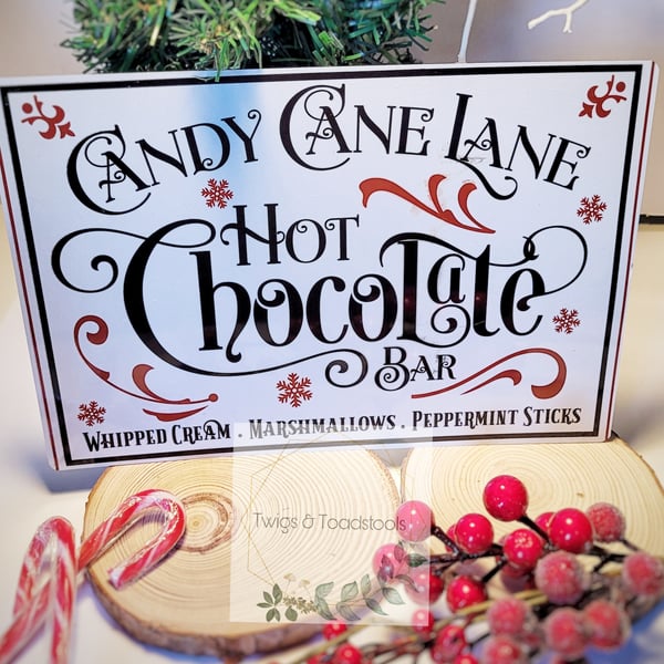 Candy cane lane metal hot chocolate station sign 