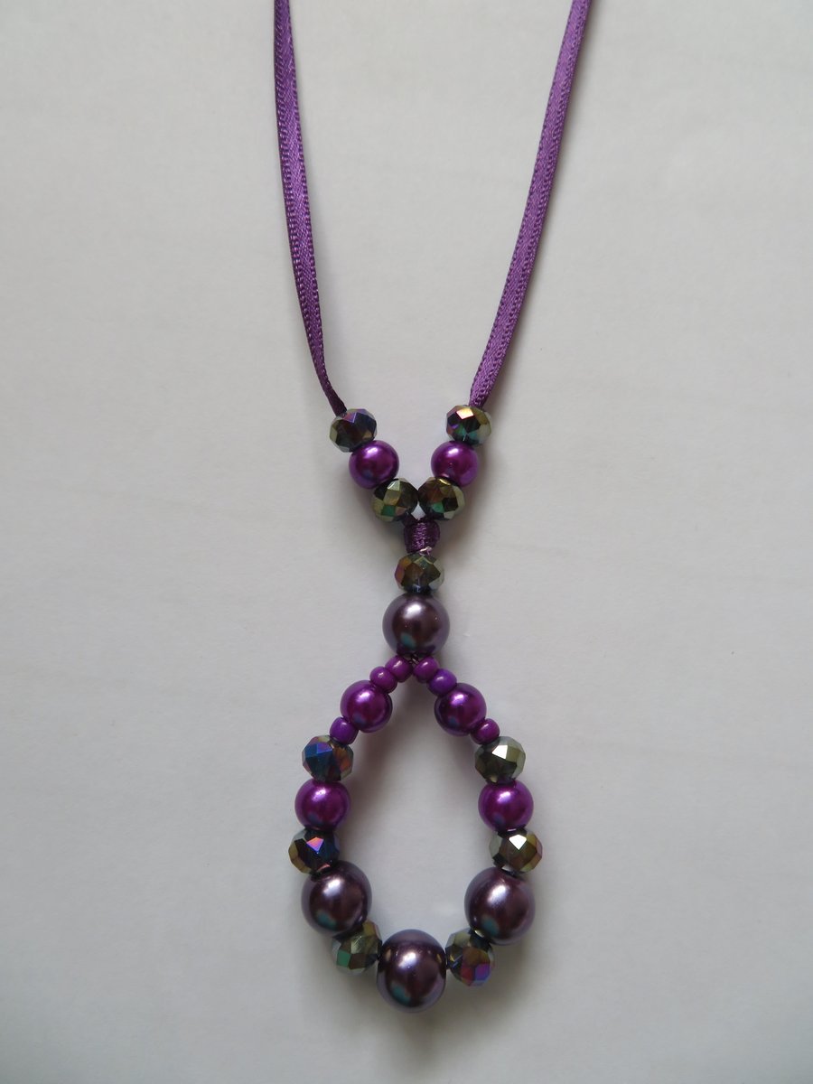 Purple Crystal Pearl and Gold Beaded Wire Ribbon Tie Pendant Necklace 