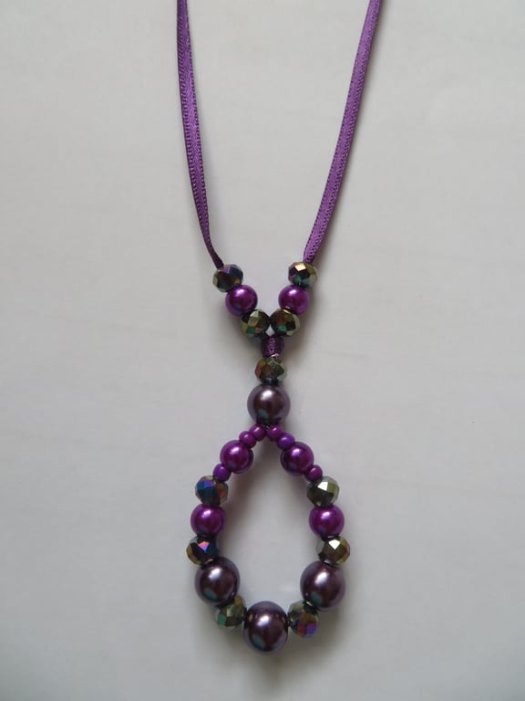Purple Crystal Pearl and Gold Beaded Wire Ribbon Tie Pendant Necklace 