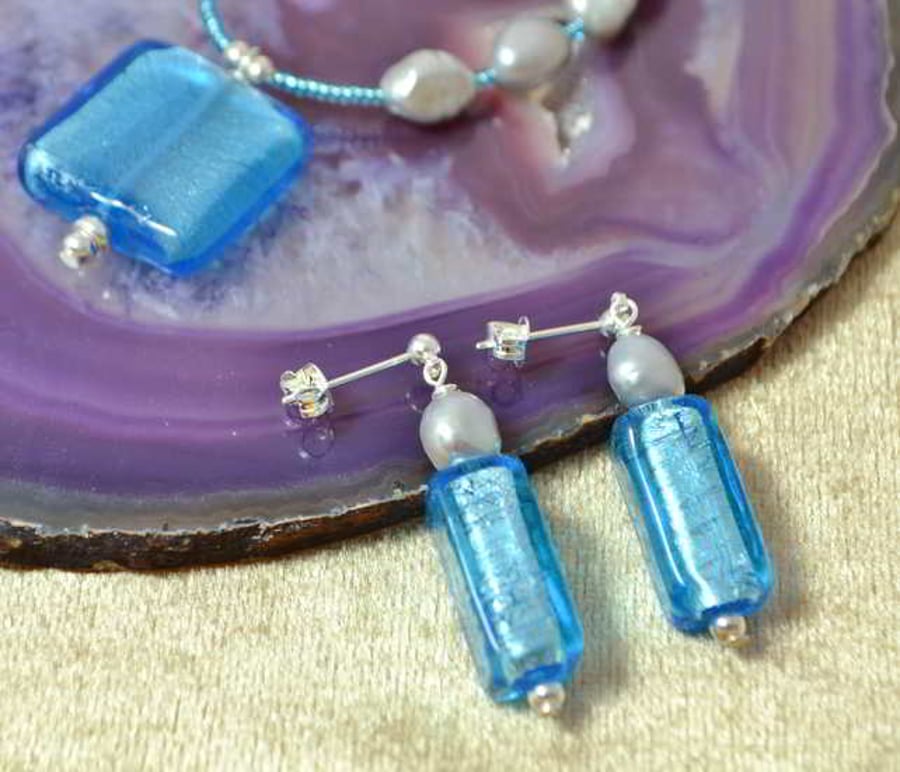 Blue Murano Glass & Grey Pearl Earrings