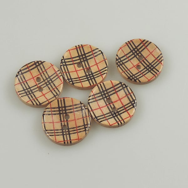 Tartan style pattern, Red & Black Line, Gingham, 20mm, 2cm Round wooden buttons