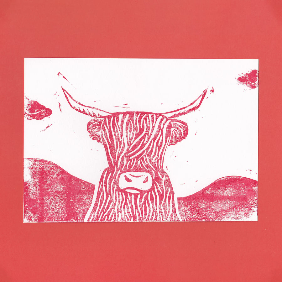 SECONDS - Red Highland Cow – Original Handmade Lino Print