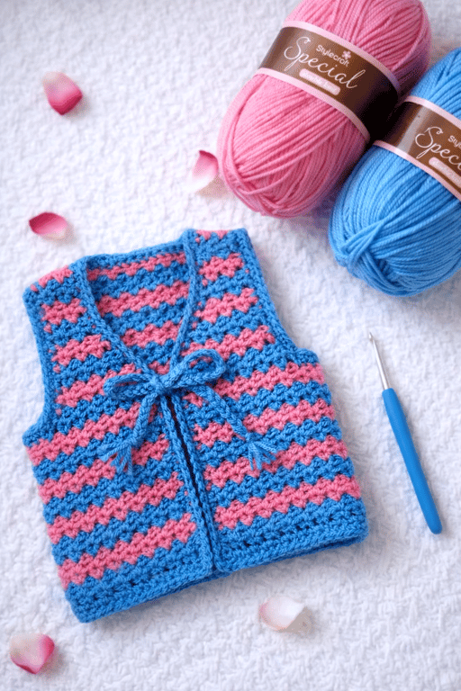 Pink and blue crochet waistcoat 0-6 months