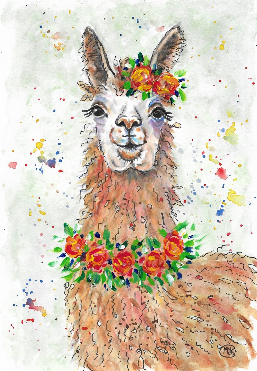 Llama and Flowers. Alpaca.  Original mixed media painting