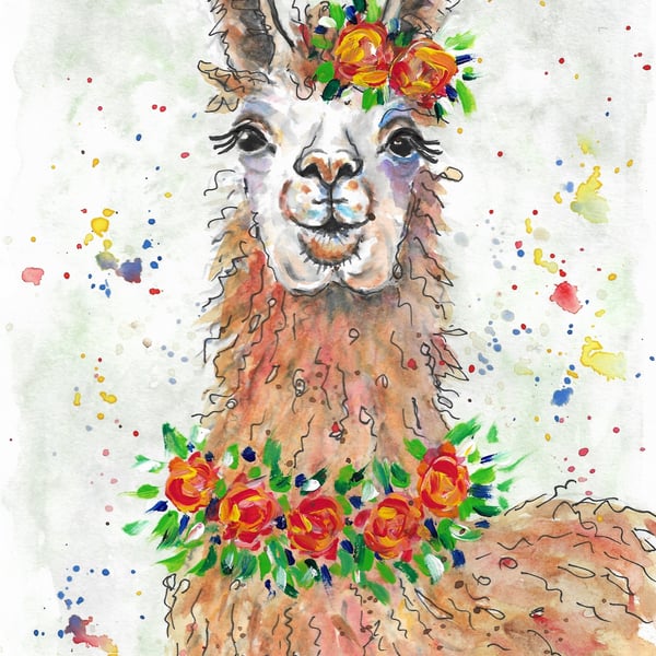 Llama and Flowers. Alpaca.  Original mixed media painting