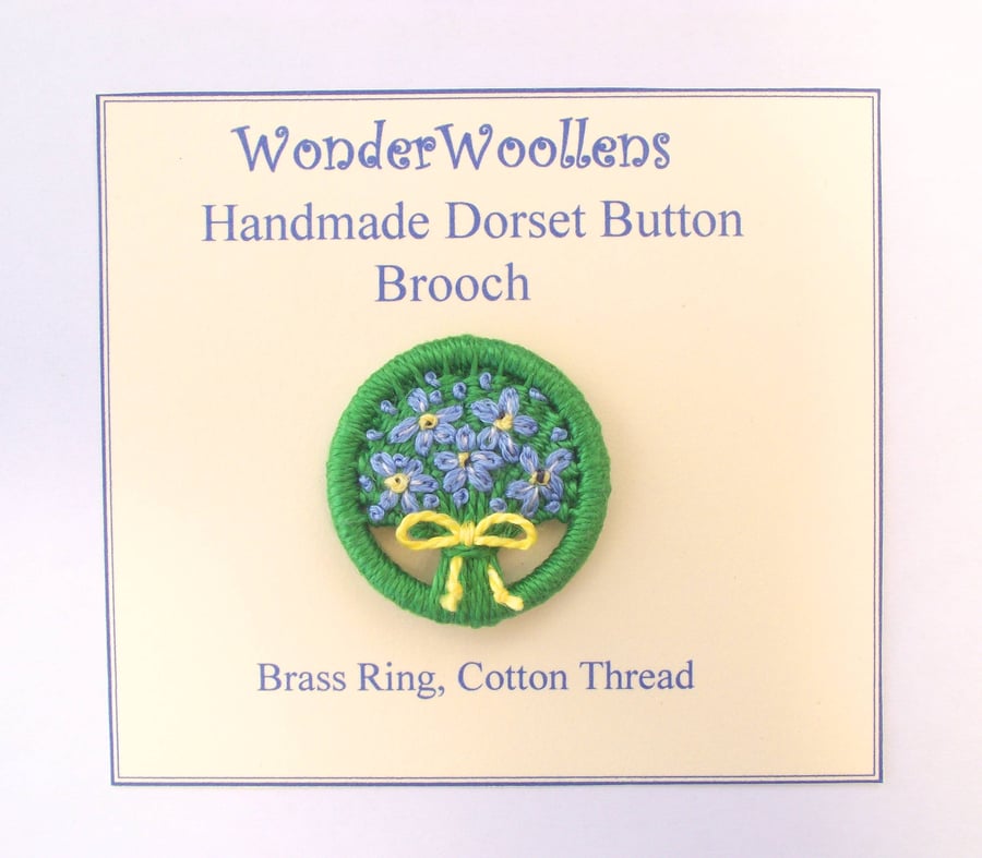 Forget-me-Not Dorset Button Brooch, Blue,Yellow, Green, 3.3cm, Handmade 