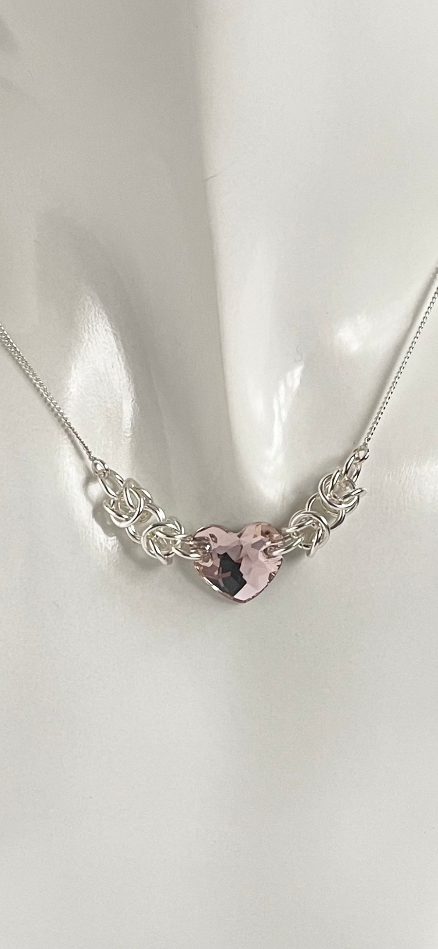 Crystal Heart Sterling Silver Chainmaille Necklace