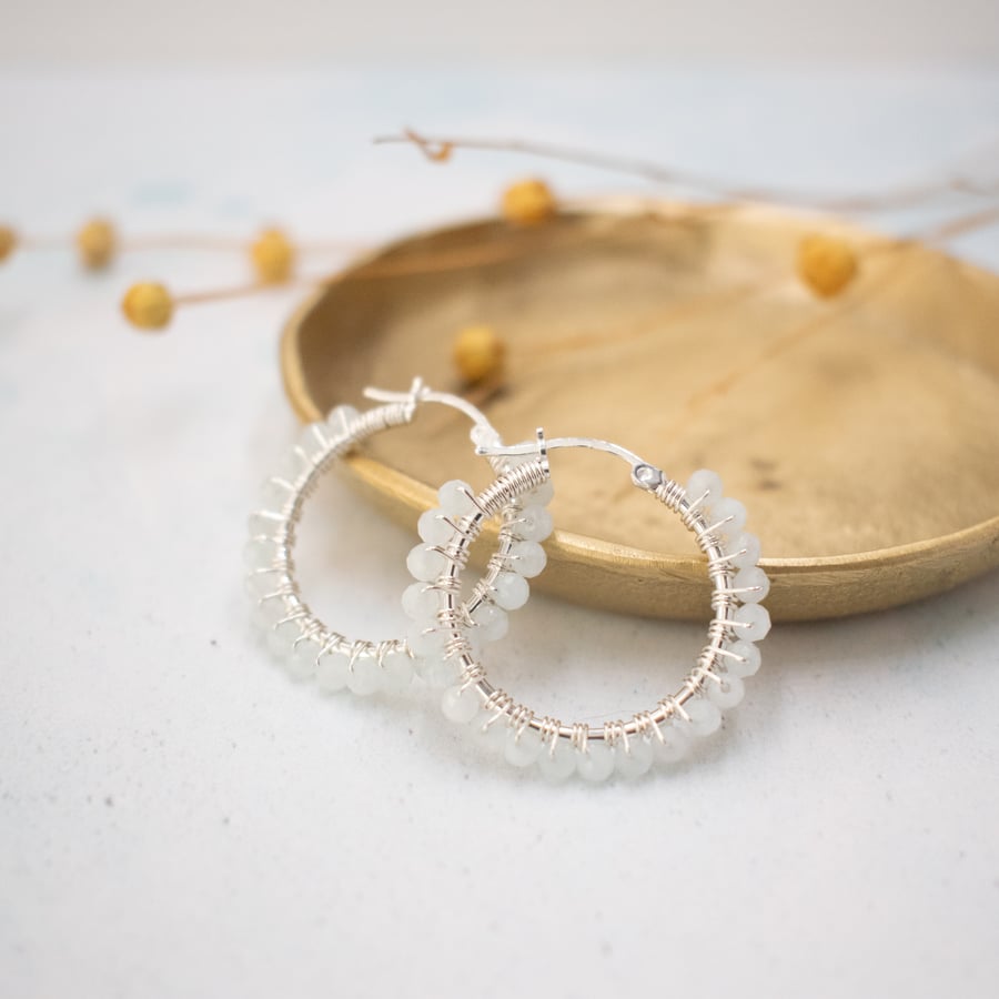 Amazonite Gemstone Hoop Earrings - Wire Wrapped Silver Hoops