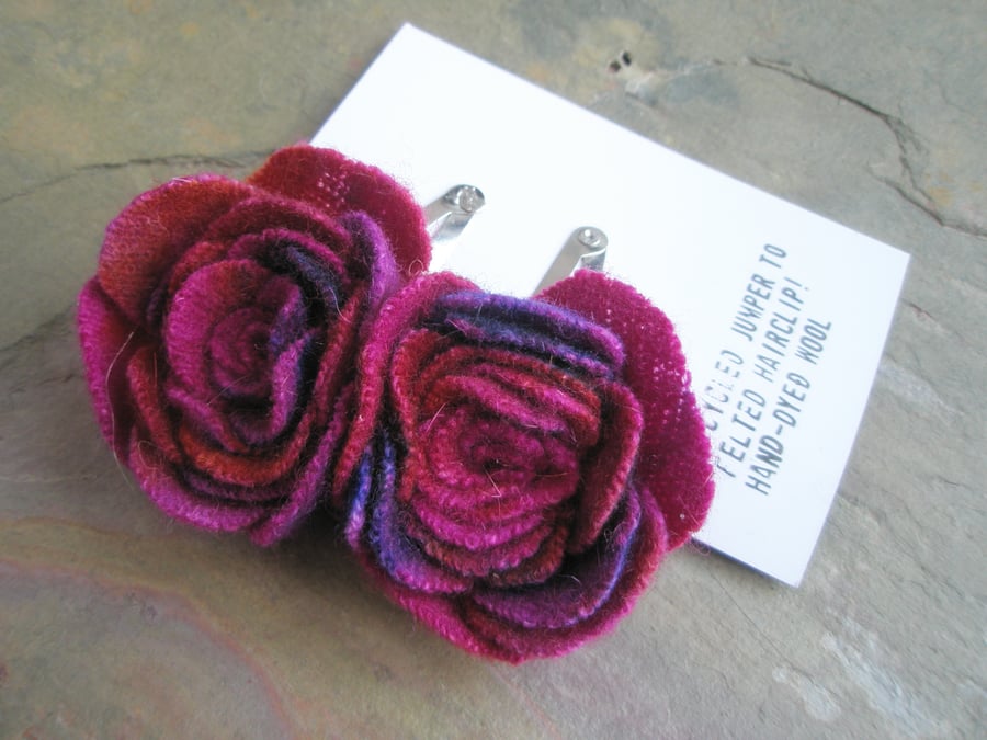 Two hand dyed hair clips in the shape of a rose or flower - pink-red multicolour