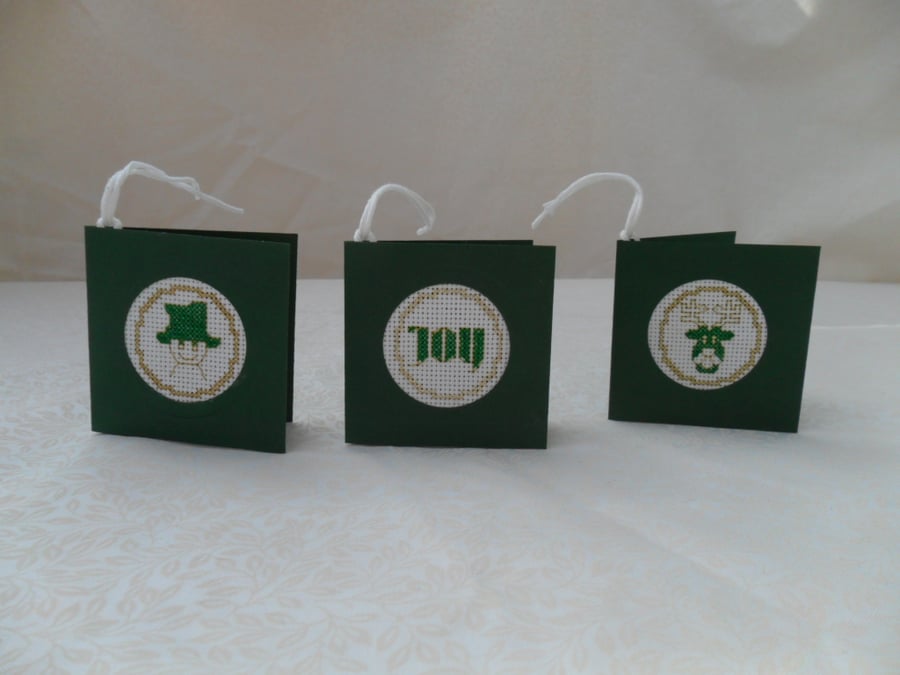 Gift Tags Small Christmas Cross Stitch Tags in Green and Gold colours