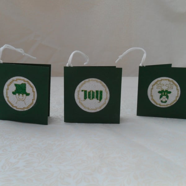 Gift Tags Small Christmas Cross Stitch Tags in Green and Gold colours