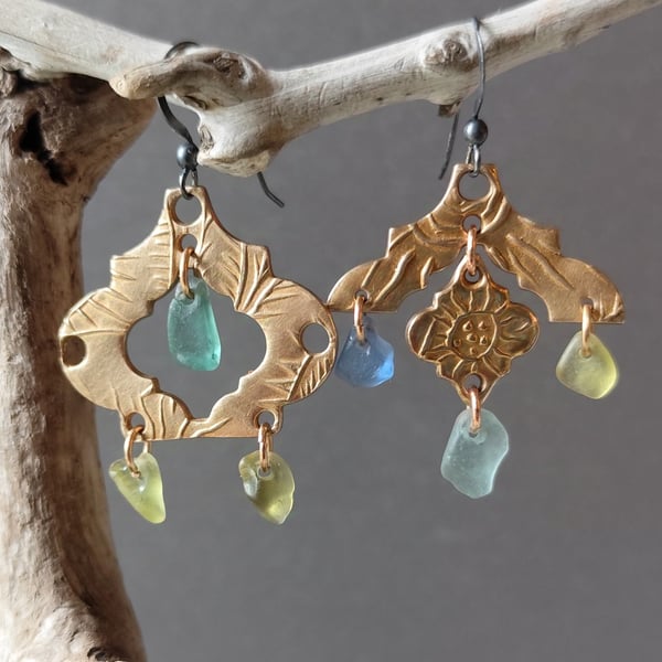 Seaglass party earrings, bronze metal clay, unique jewellery, recycled material