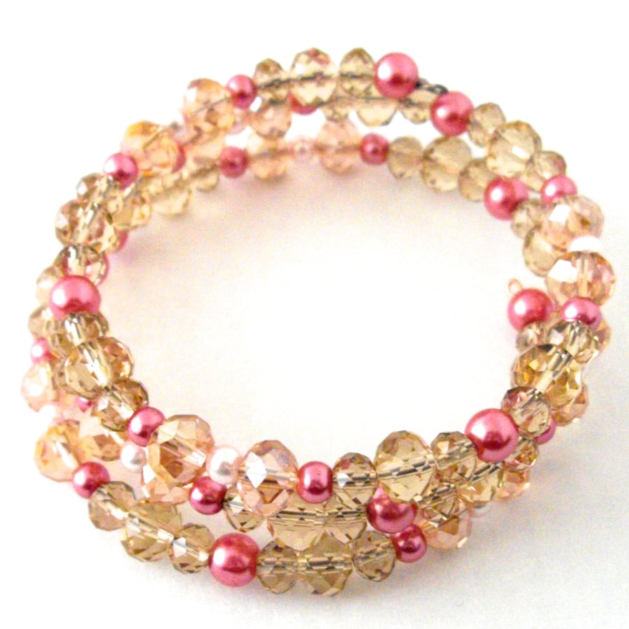 Pink Champagne and Pearls Wrap Bracelet - UK Free Post